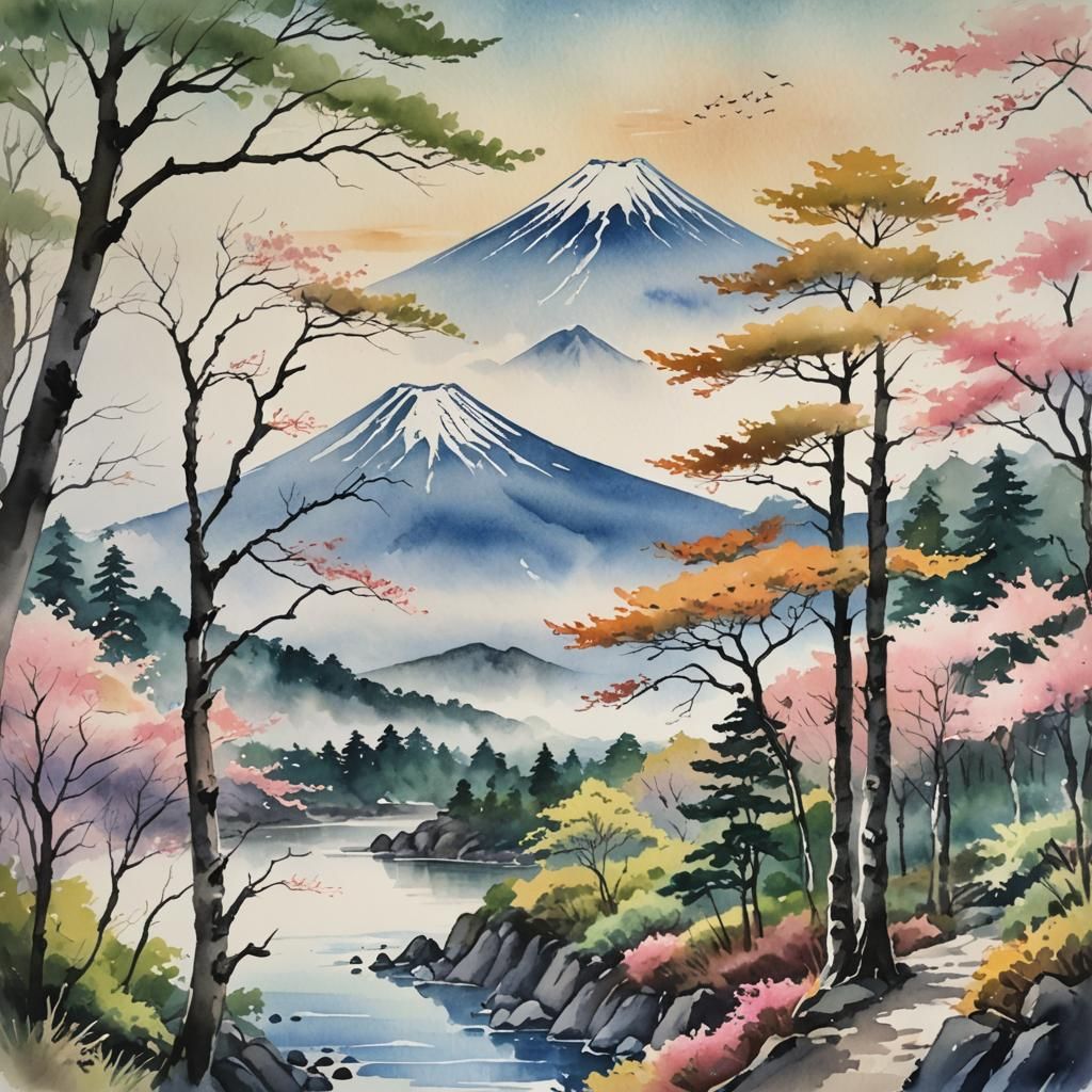 Pastel Asian Watercolor Painting of Mount Fuji