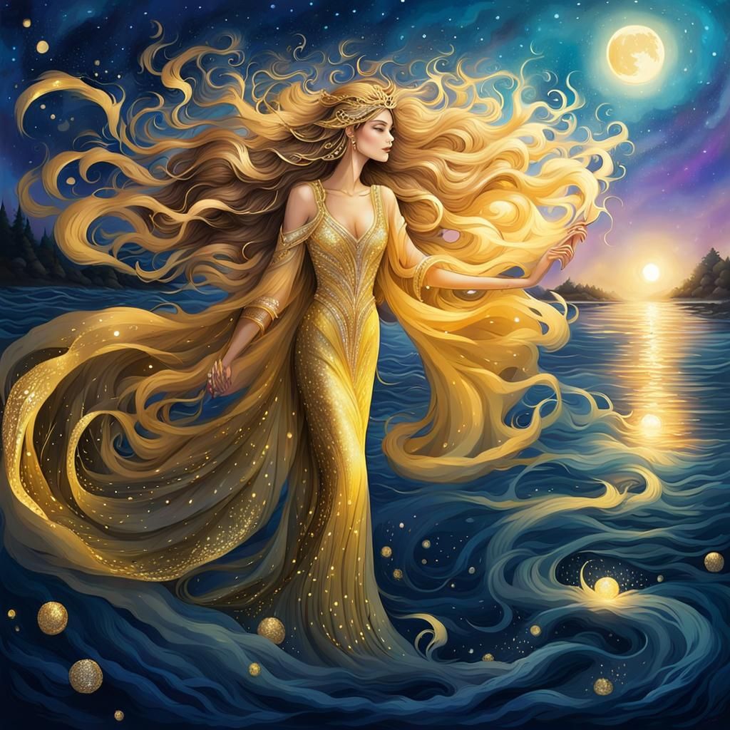 A stunning goddess of 💦💦💦 water with long flowing hair made of moonlight and stunning ✨✨ sparkles of water yellow gow...
