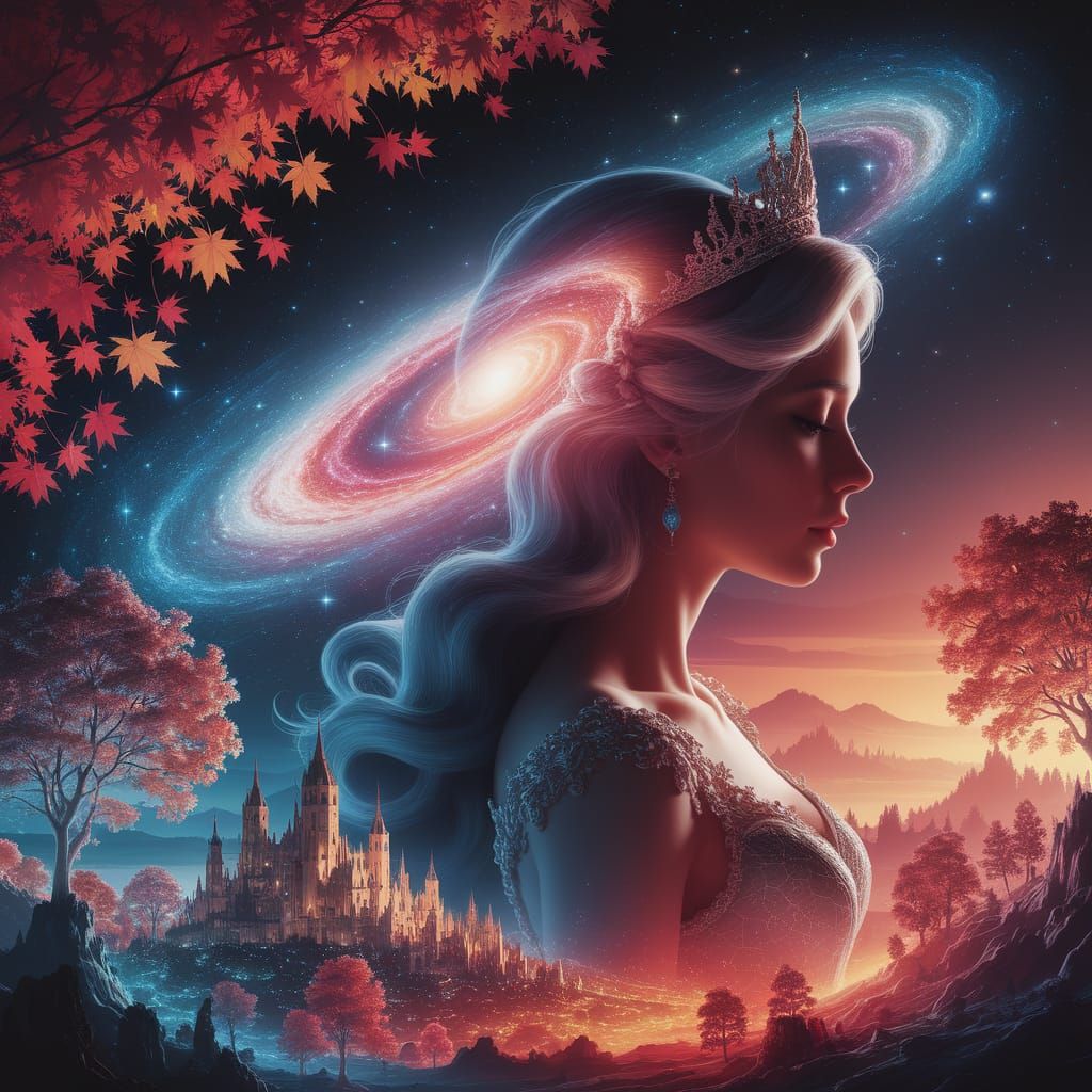 Princess Silhouette Merges With Swirling Galaxy in Fantasy A...