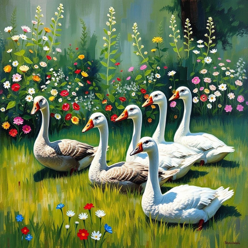 Vibrant Geese Amidst a Whimsical Garden in Impasto Style