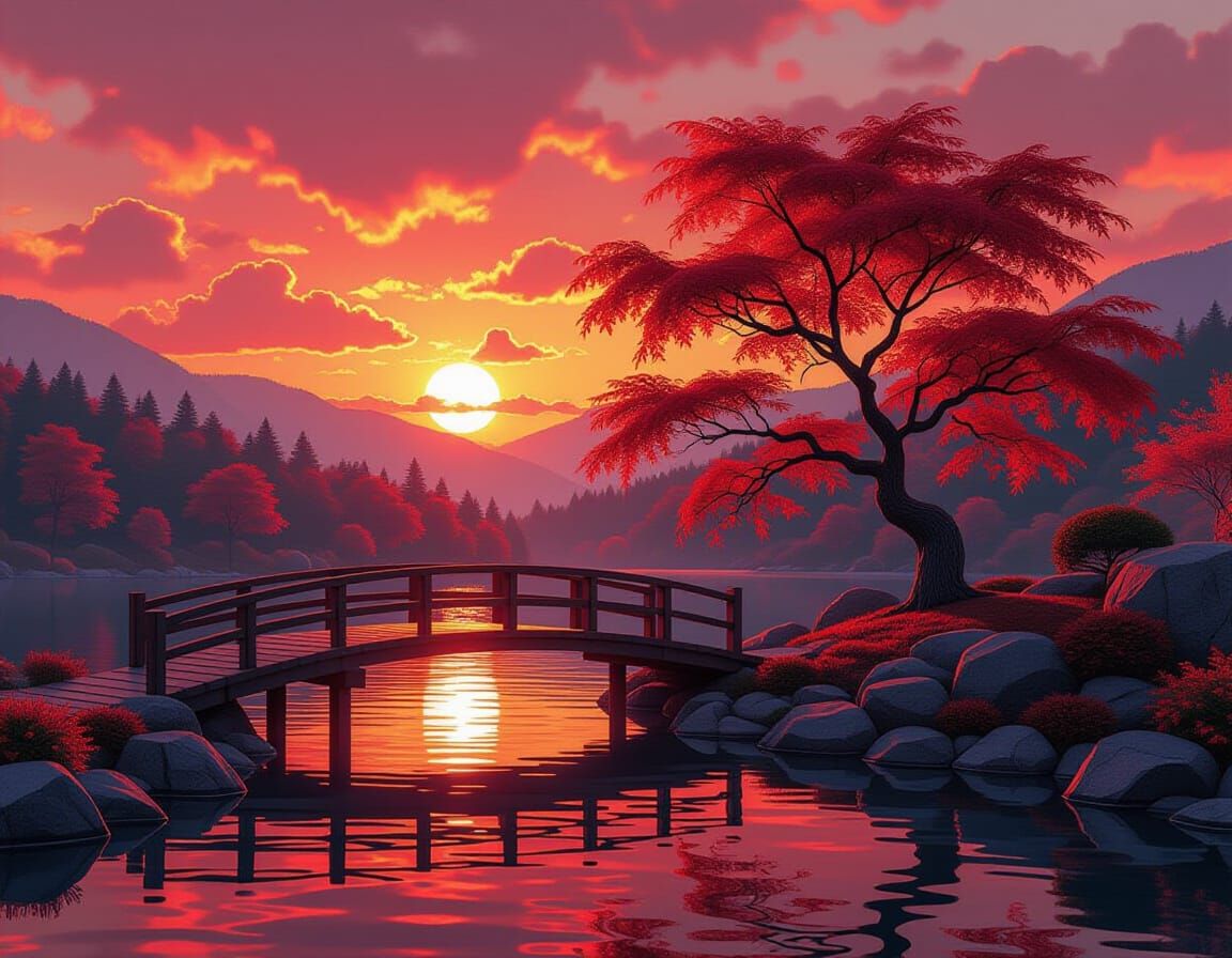 Fiery Sunset Over Serene Lake: Fantasy Concept Art