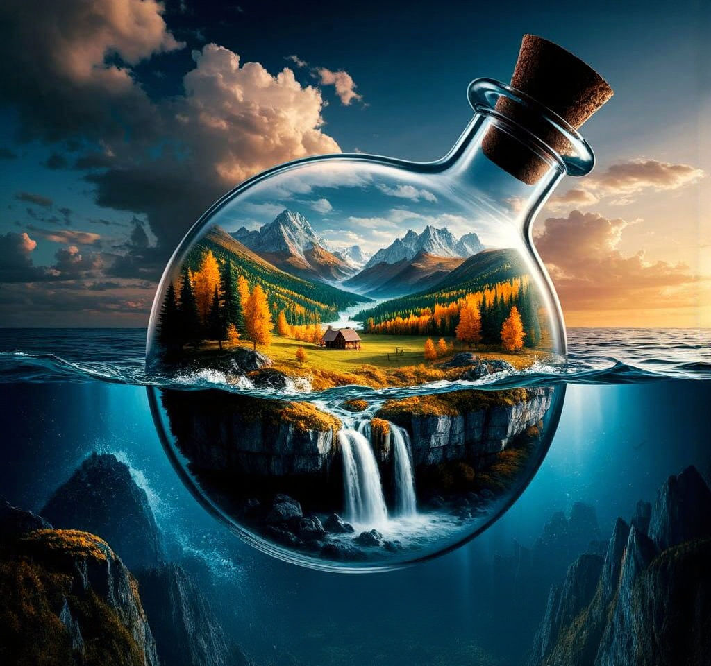 Tiny Autumn Landscape in Ocean Bottle - Matte Painting