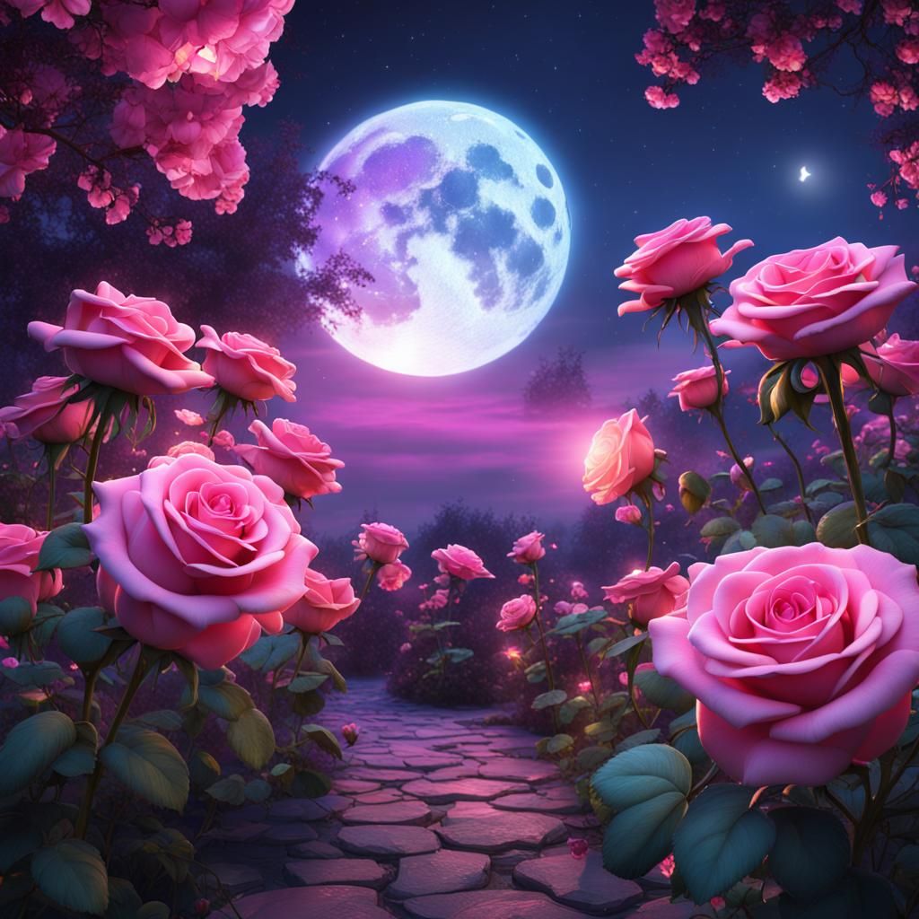 Blooming Pink Roses in Moonlight: 3D Rendering
