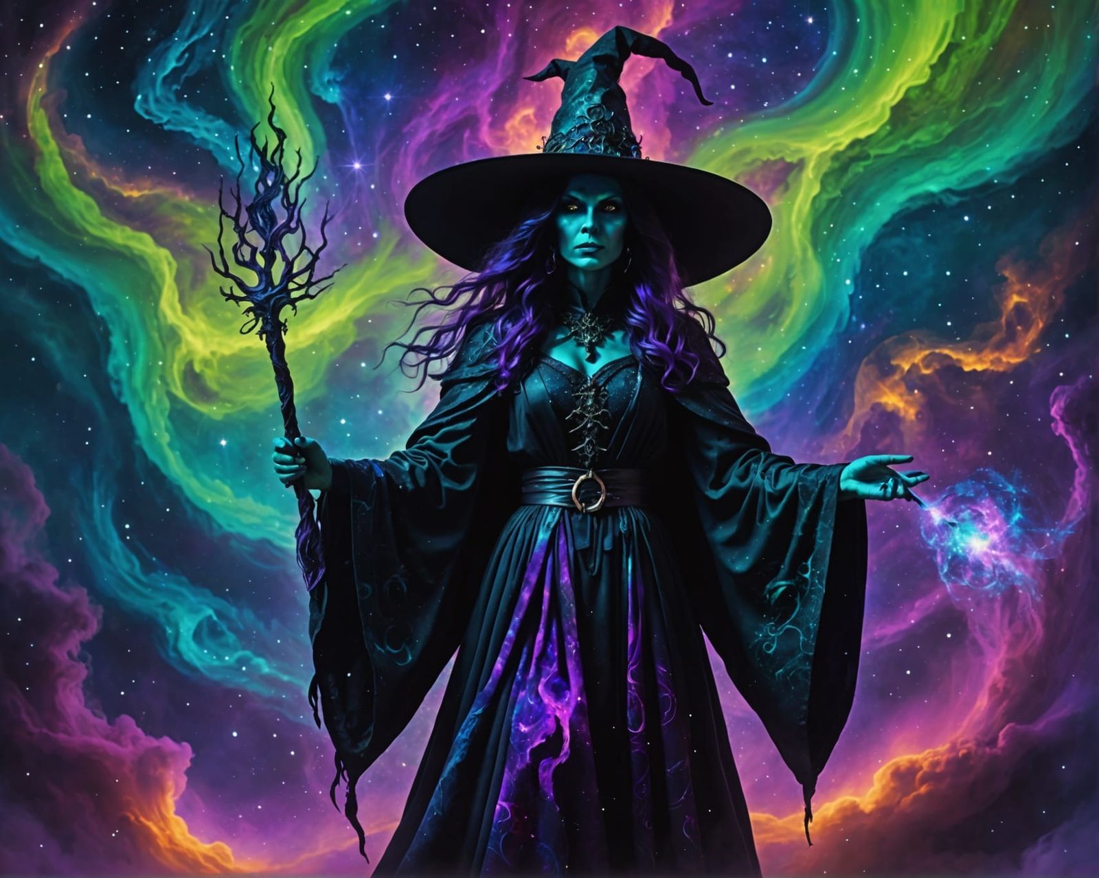 Mystical Halloween Witch in Front of Cosmic Nebula