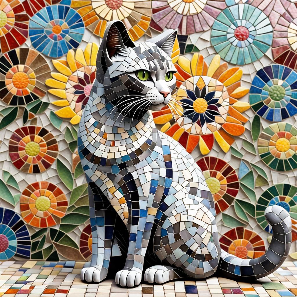 Grey Mosaic Cat in Front of Bohemian Wall