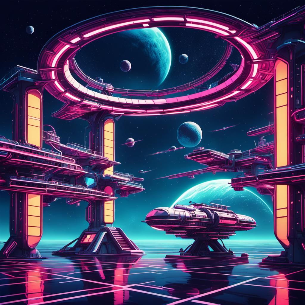 Synthwave Neon Space Station in Retro-Futuristic Style