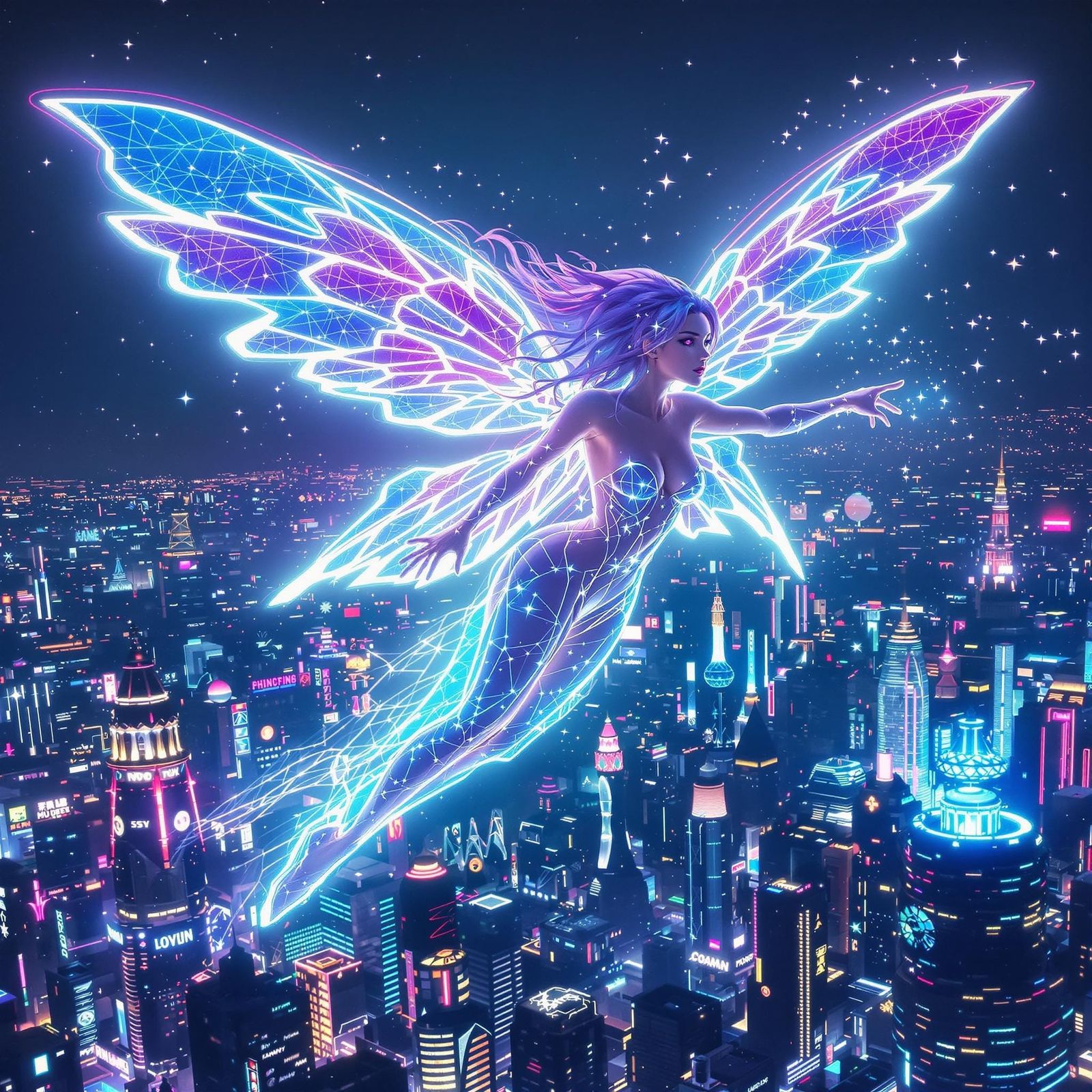 Mystical Fairy Illuminates Futuristic Cityscape in Cyberpunk...