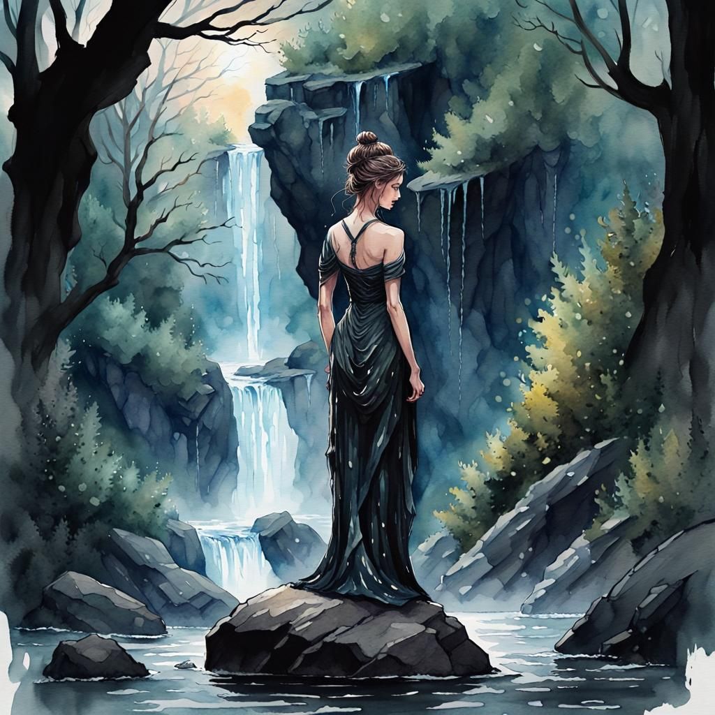 Fantasy Empress Weeping Oil Tears: Watercolor Painting