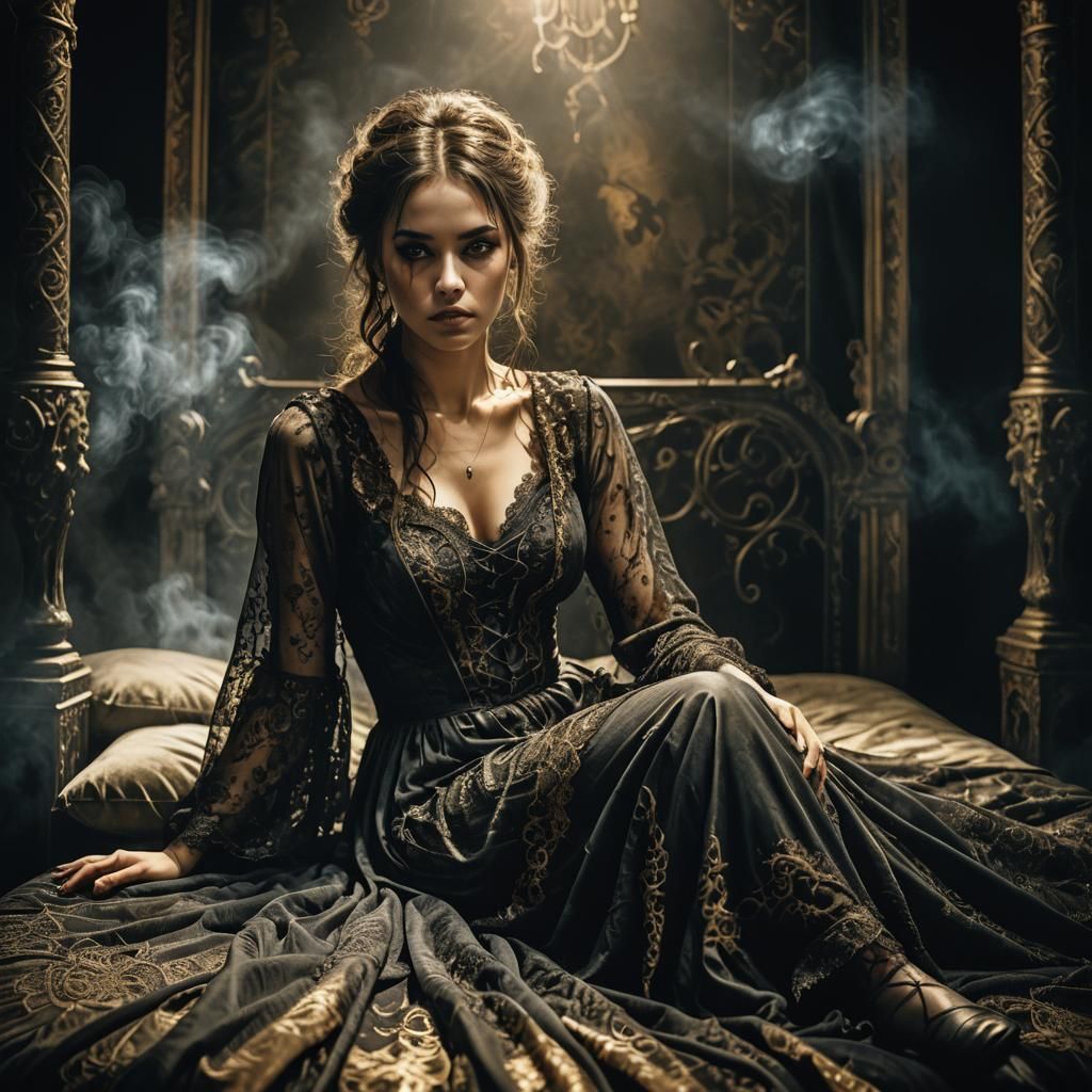 Woman in Dimly Lit Room, Luis Royo Style