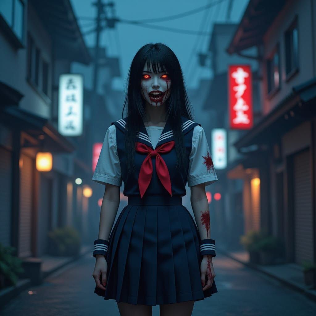 Kuchisake-onna in Cyberpunk Urban Fantasy Scene