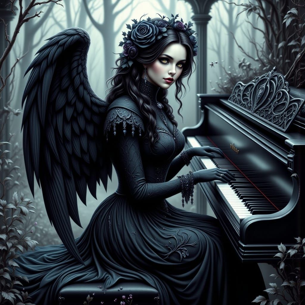 Victorian Gothic Angel Plays Melancholy Piano in Winter