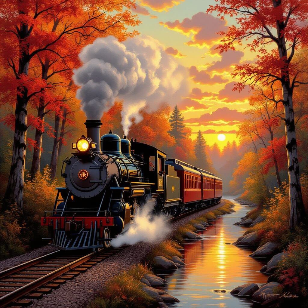 Steam Train Through Autumn Forest by Thomas Kinkade Style
