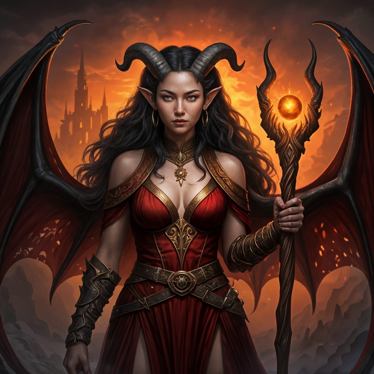 Tiefling Sorceress with Eastern Features in Oil Painting Sty...