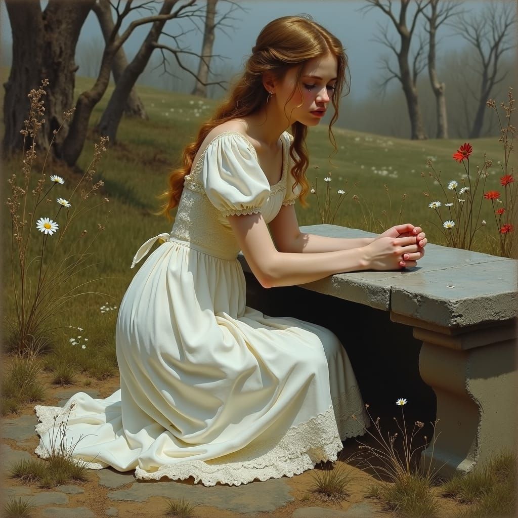 Mourning Woman in Sorrowful Landscape