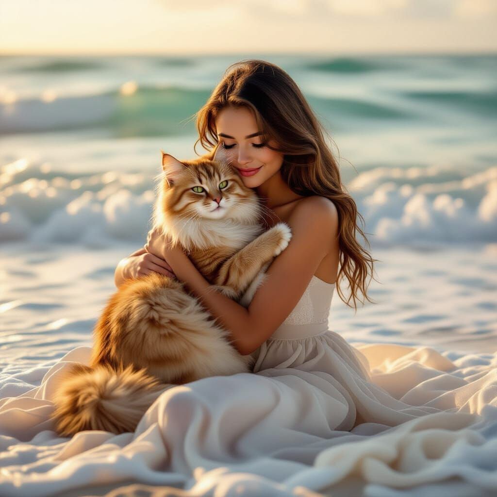 Fluffy Cat Hugs Woman Merged with Ocean Waves on Beach