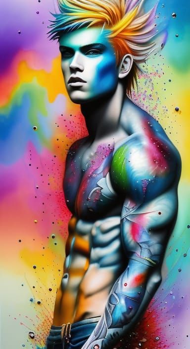 Rainbow Haired Man in Modern Mixed Media Illustration