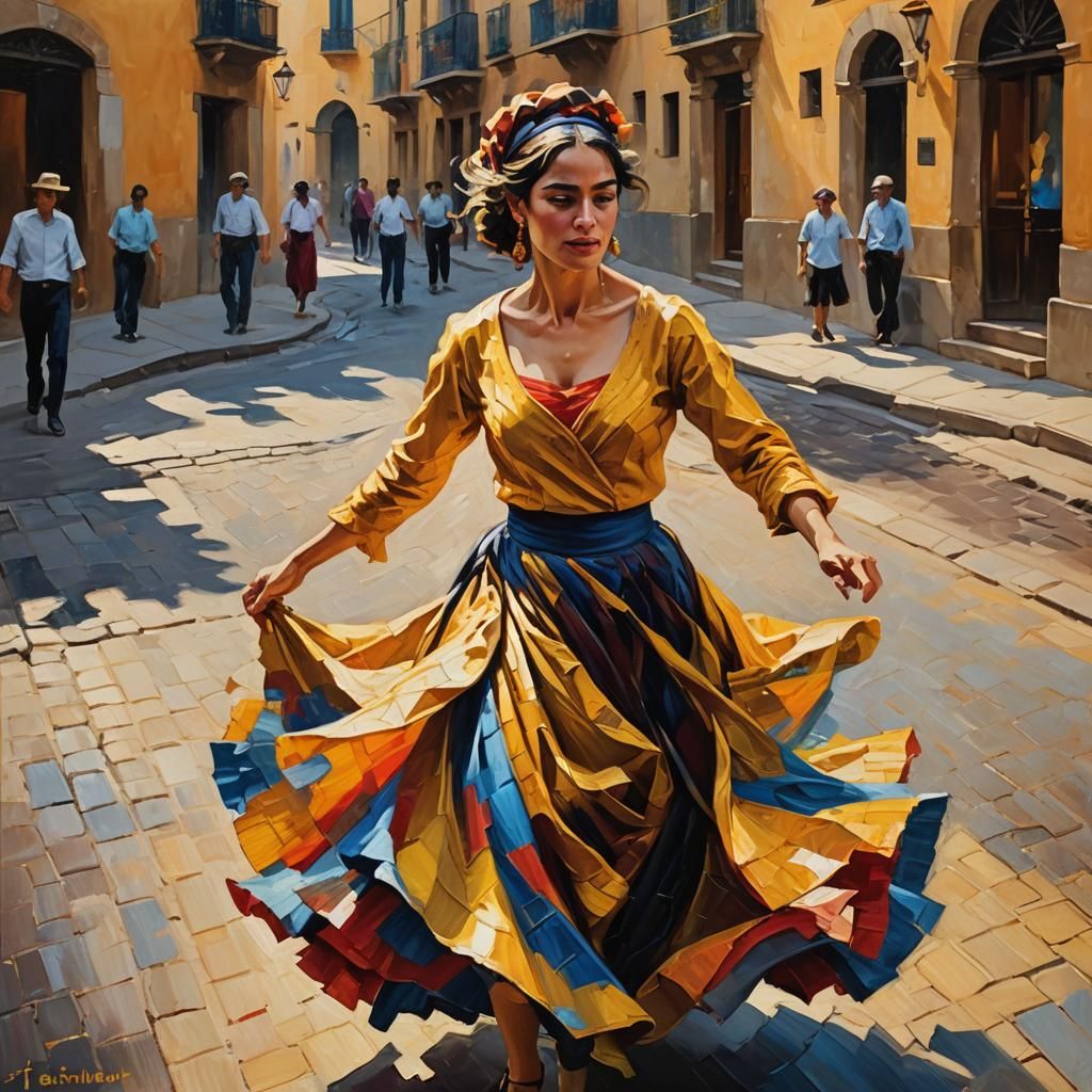 Spanish Dancer in Street, Expressionist Oil Painting