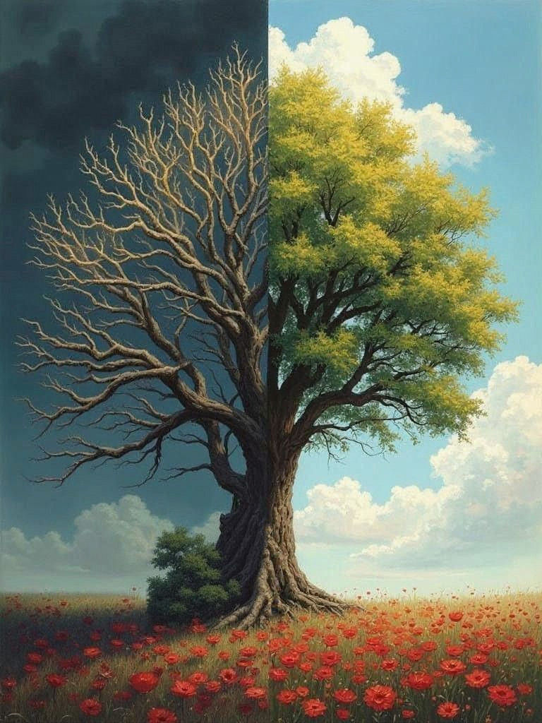 Divided Tree: Life and Death in Vibrant Contrast