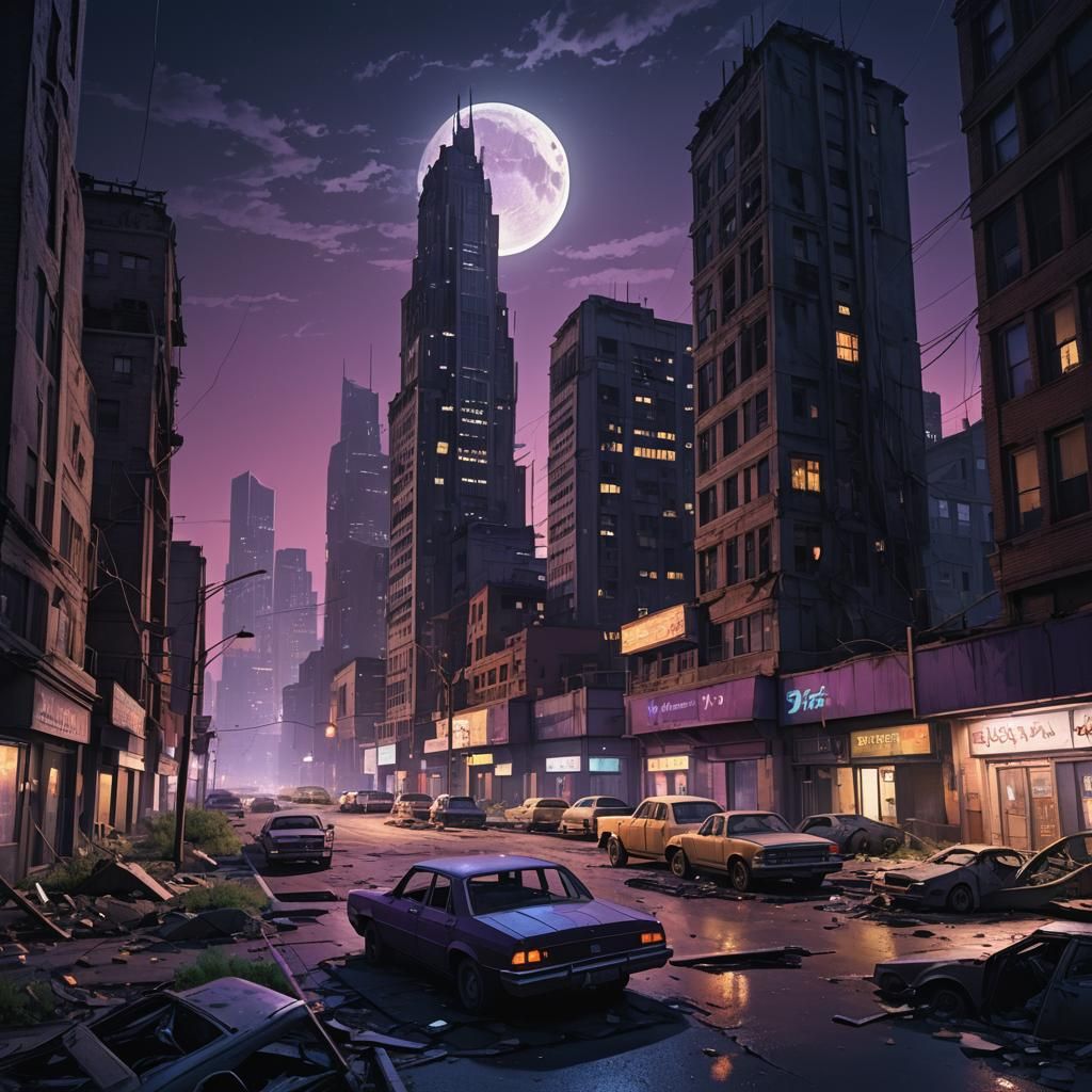 Desolate Cityscape at Night in Digital Matte Painting