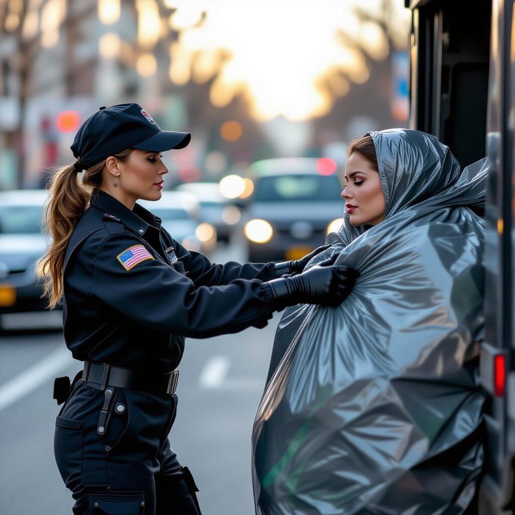 Latex-Clad Garbage Woman Tossing Woman into Truck