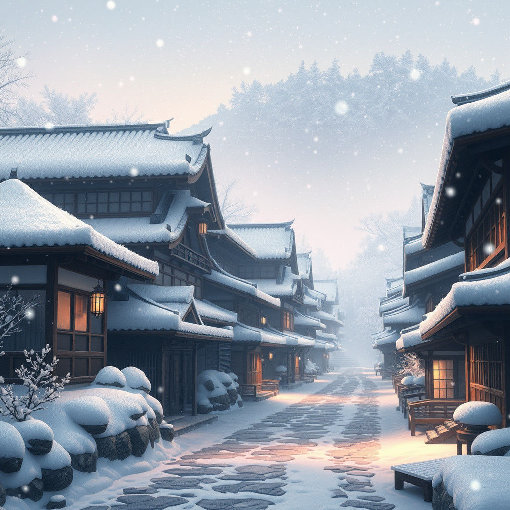 Snowy Japanese Village Inspired by Ghibli, 3D Anime Art