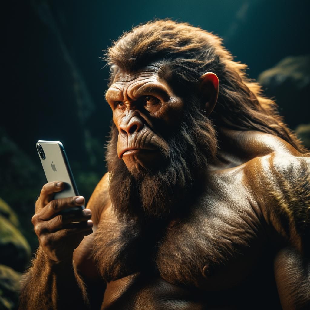 Neanderthal and Smartphone: A Cinematic Film Still