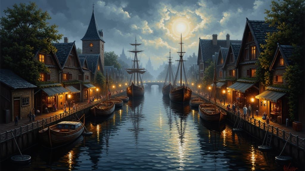Bustling Medieval Harbor Town at Twilight