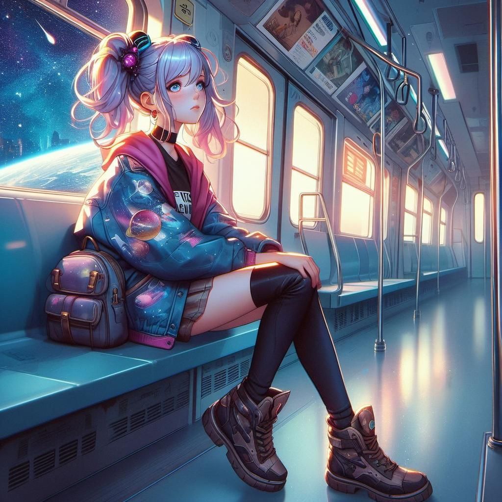 Anime Girl on Empty Train in Cyberpunk Style