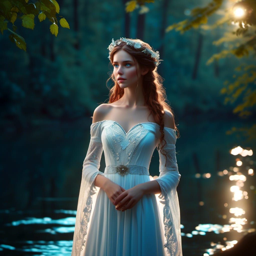 Elf Maiden by Forest Lake in Moonlight