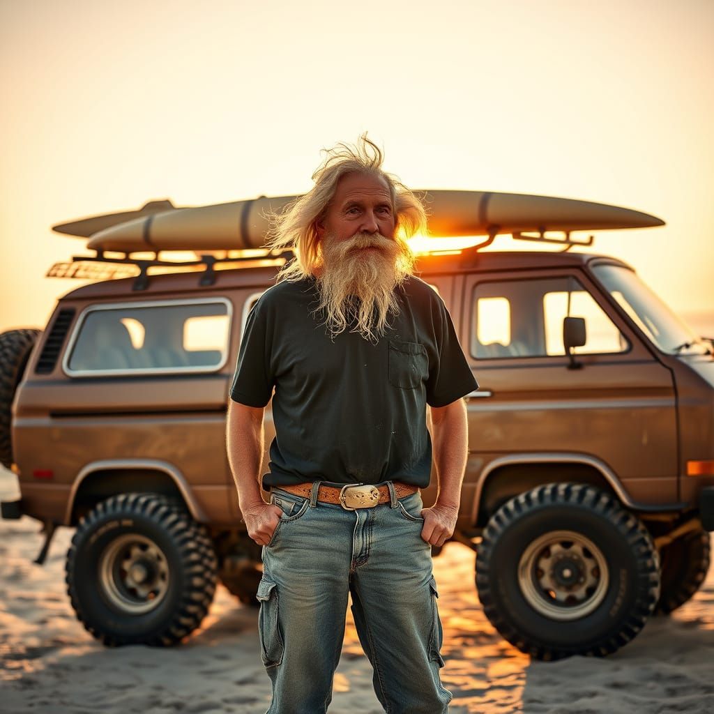 Rugged Old Man Stands Proud Beside Custom 4x4 Van on Beach