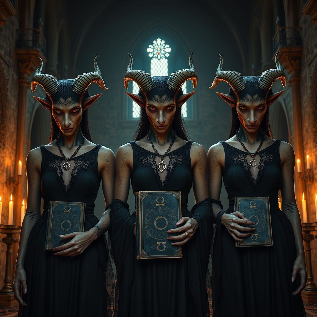 Mystical Goat-Skulled Women Stand Before a Dilapidated Churc...