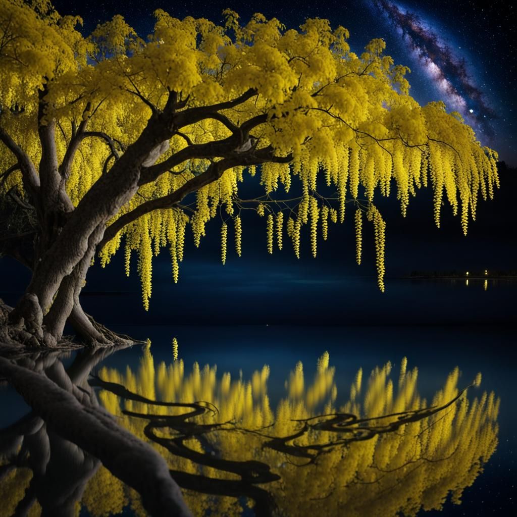Laburnum Trees Under a Starry Night Sky