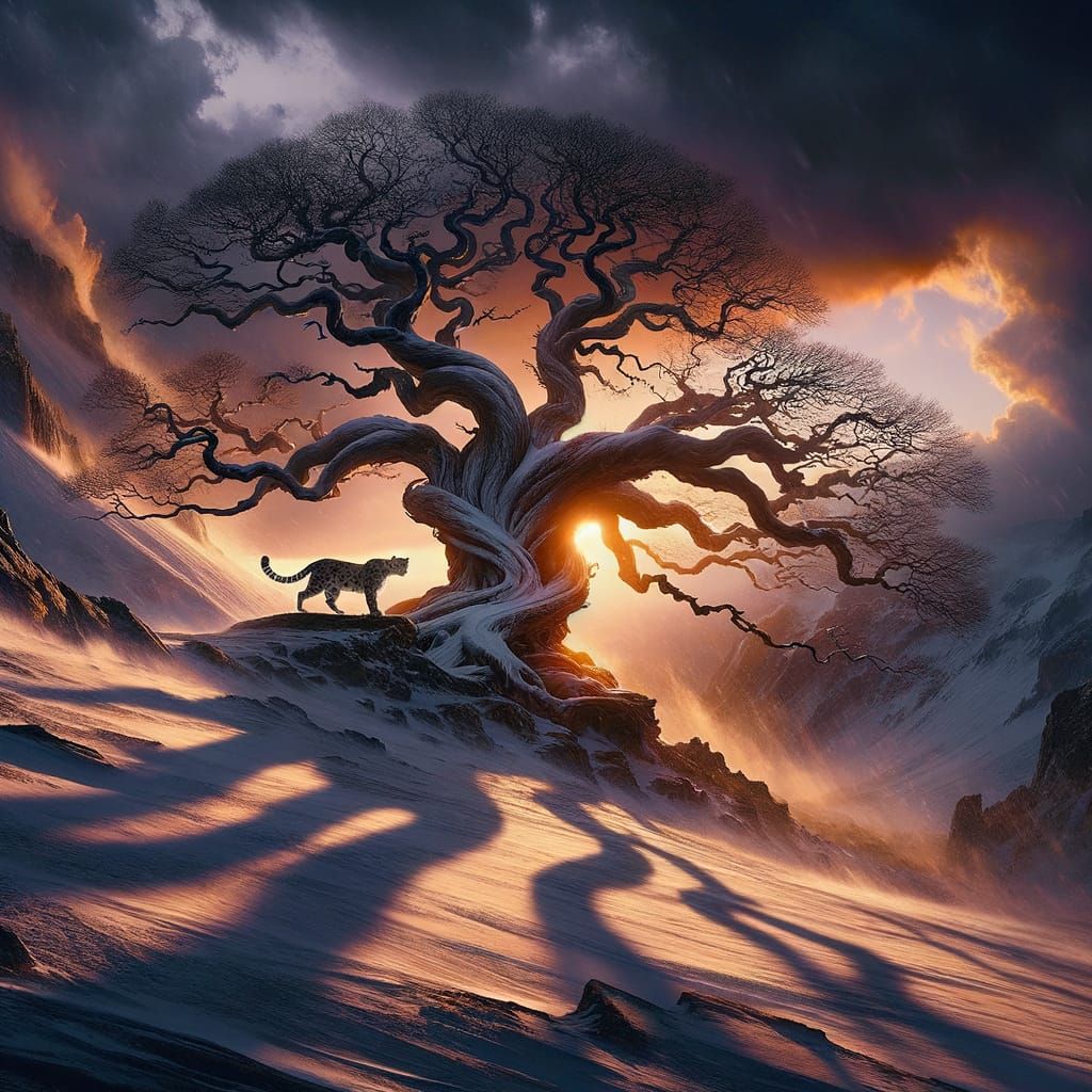 Ethereal Snow Leopard Amidst Ancient Oak on Windswept Mounta...