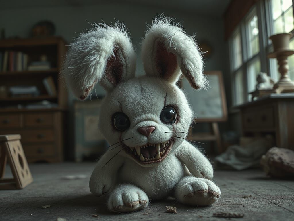 Menacing Toy Bunny Lurking in Abandoned Playroom