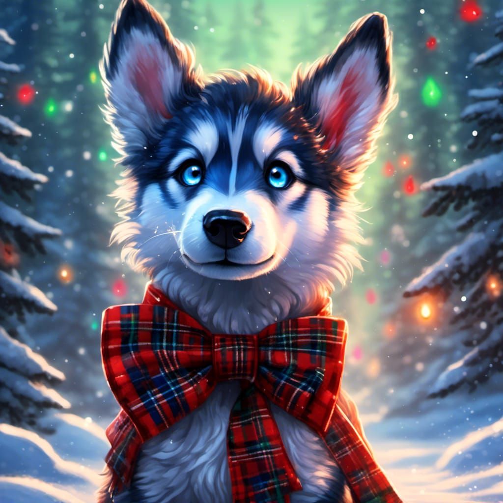 Chibi Husky Puppy in Bioluminescent Winter Forest
