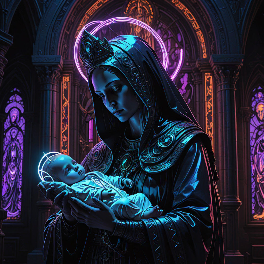 Cybergoth Virgin Mary Holds Neon Jesus in a Futuristic Cathe...