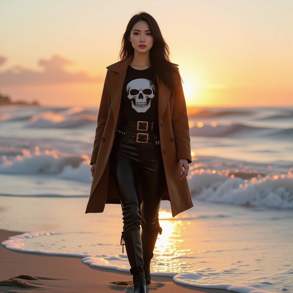 Silhouette of Woman Walking on Beach at Sunset