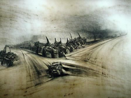Detailed Charcoal Drawing of Menacing Warmachines