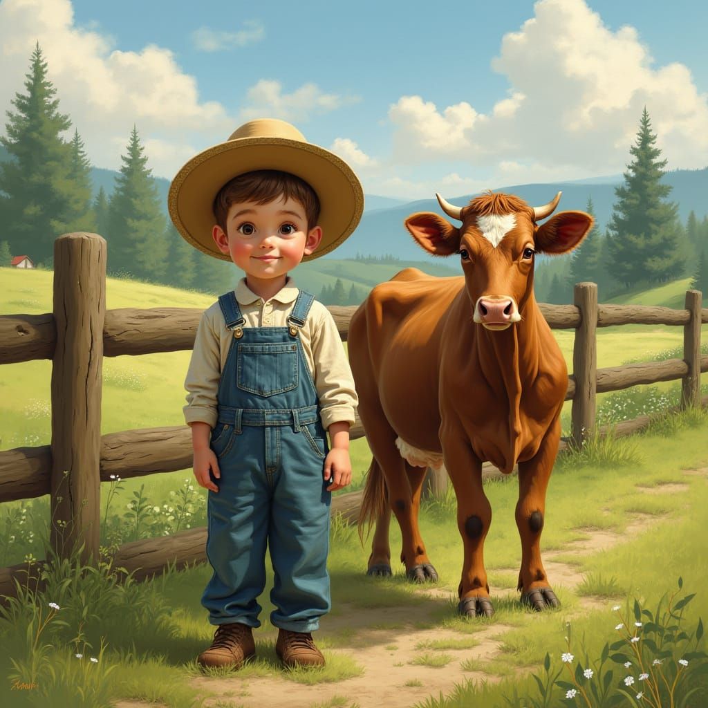 Boy with Gentle Brown Cow in Lush Pastures