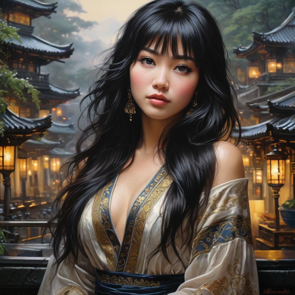 Asian Woman Portrait in Tokyo, Oil Painting Style