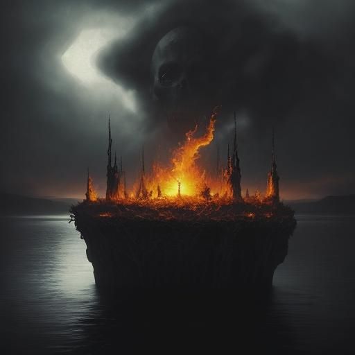 Witch Cackling in Flames: A Dark Surrealist Scene