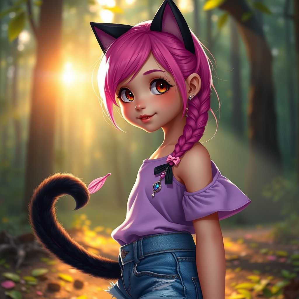 Pink-Haired Girl with Cat Ears in Forest, Digital Art
