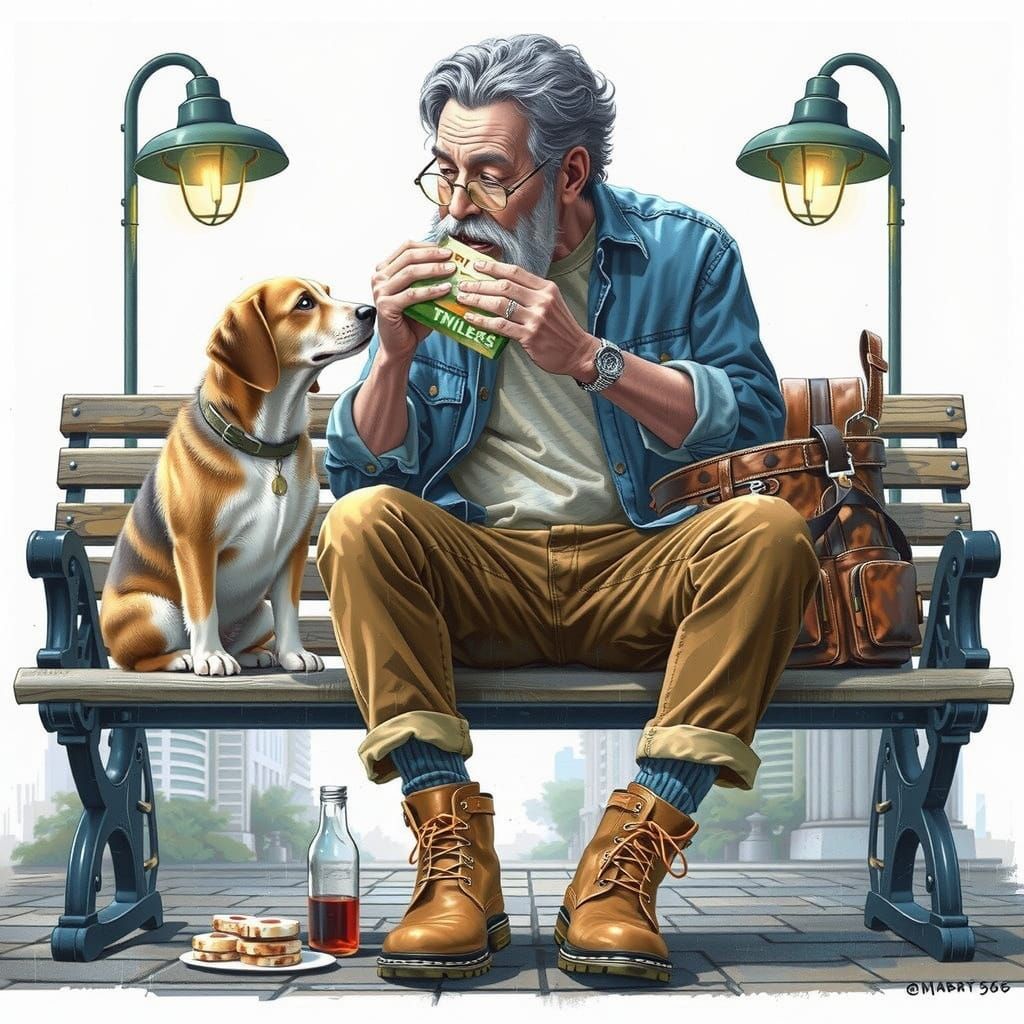 Man and Beagle Sharing Lunch on Bench