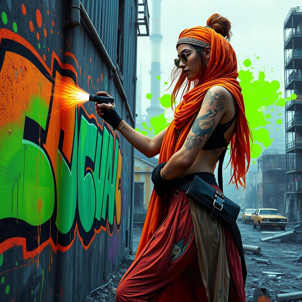 Graffiti Artist in Dystopian City: Splash Art Style