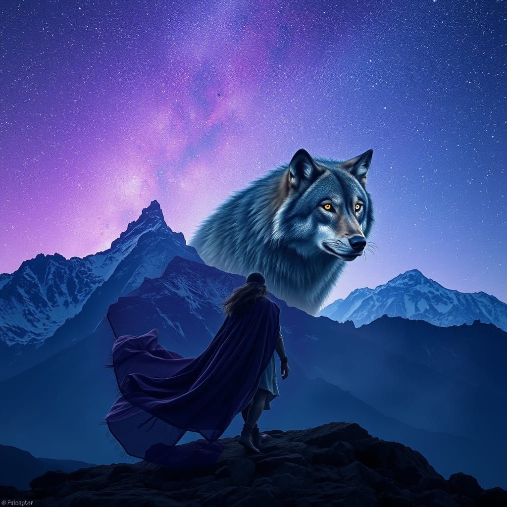 Ethereal Double Exposure of a Silhouette Merging with a Moun...