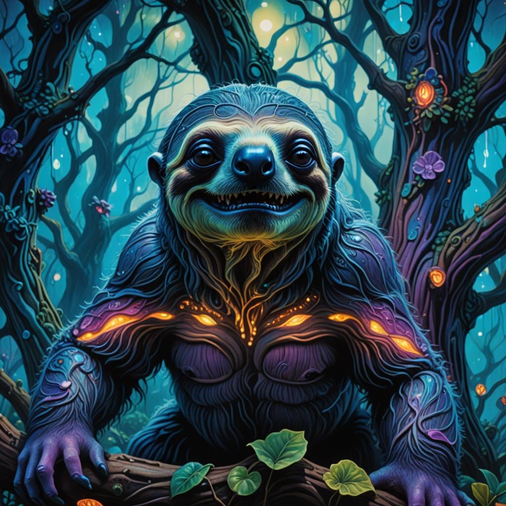 Bioluminescent Sloth Grinning in a Surreal Forest