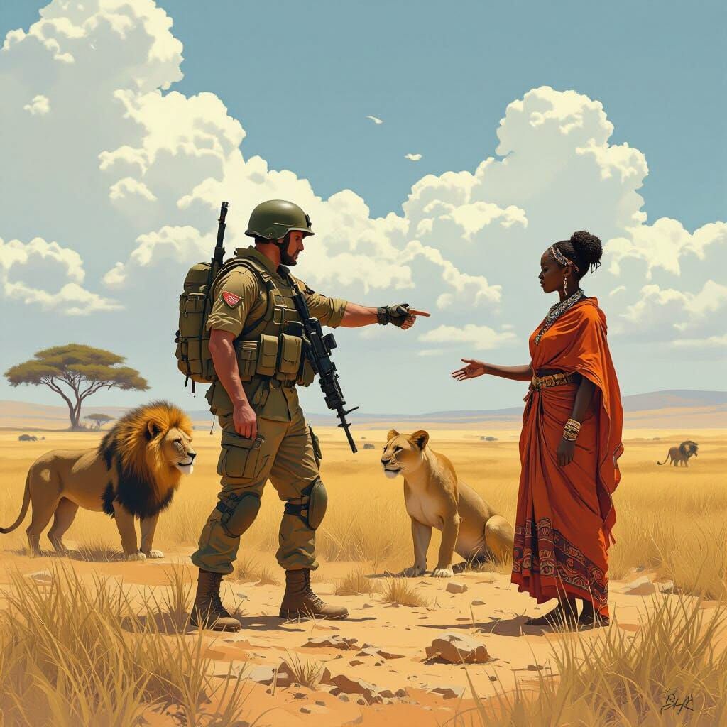 Soldier Defends Woman from Lions in Savannah