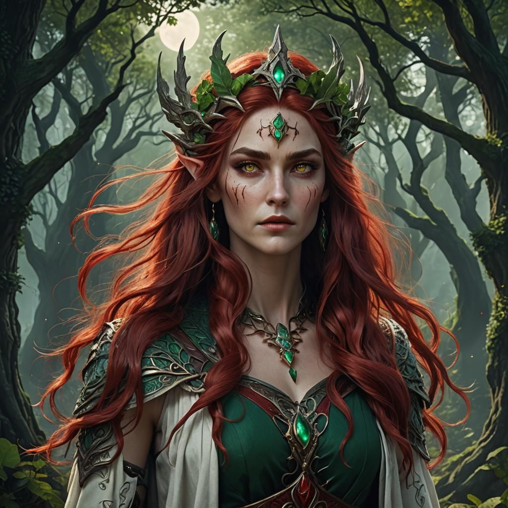 Elven Druid Maiden with Red Hair, Fantasy Art