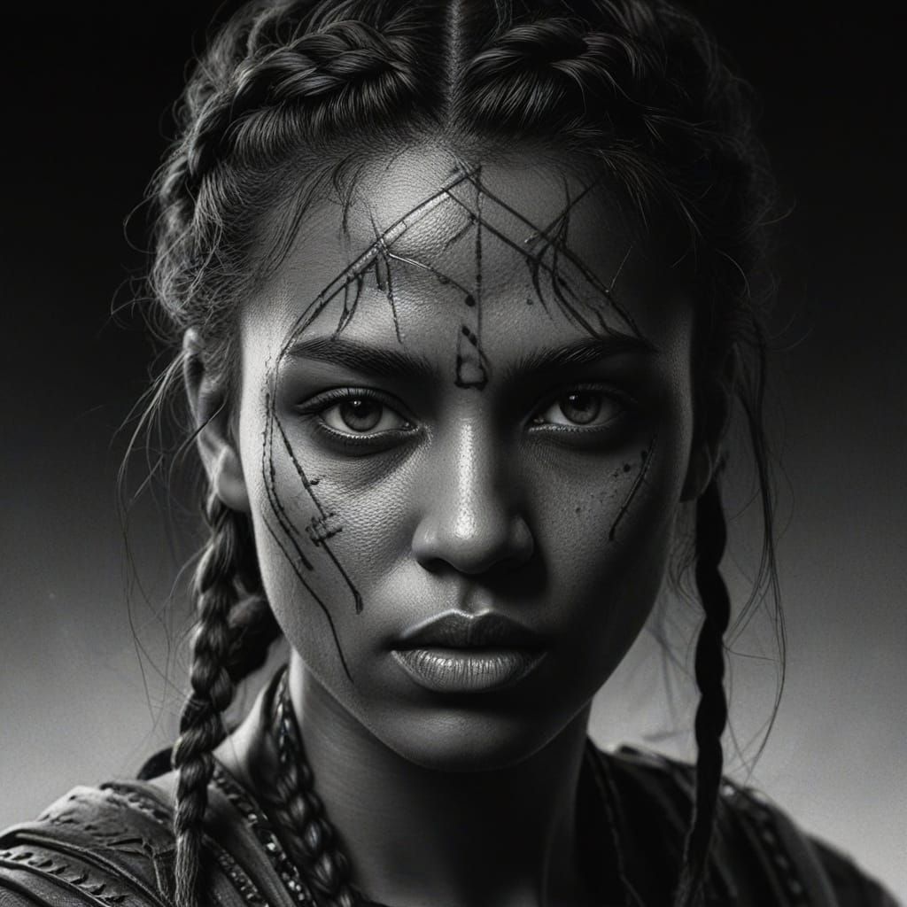 Gritty Charcoal Portrait of Braided Warrior
