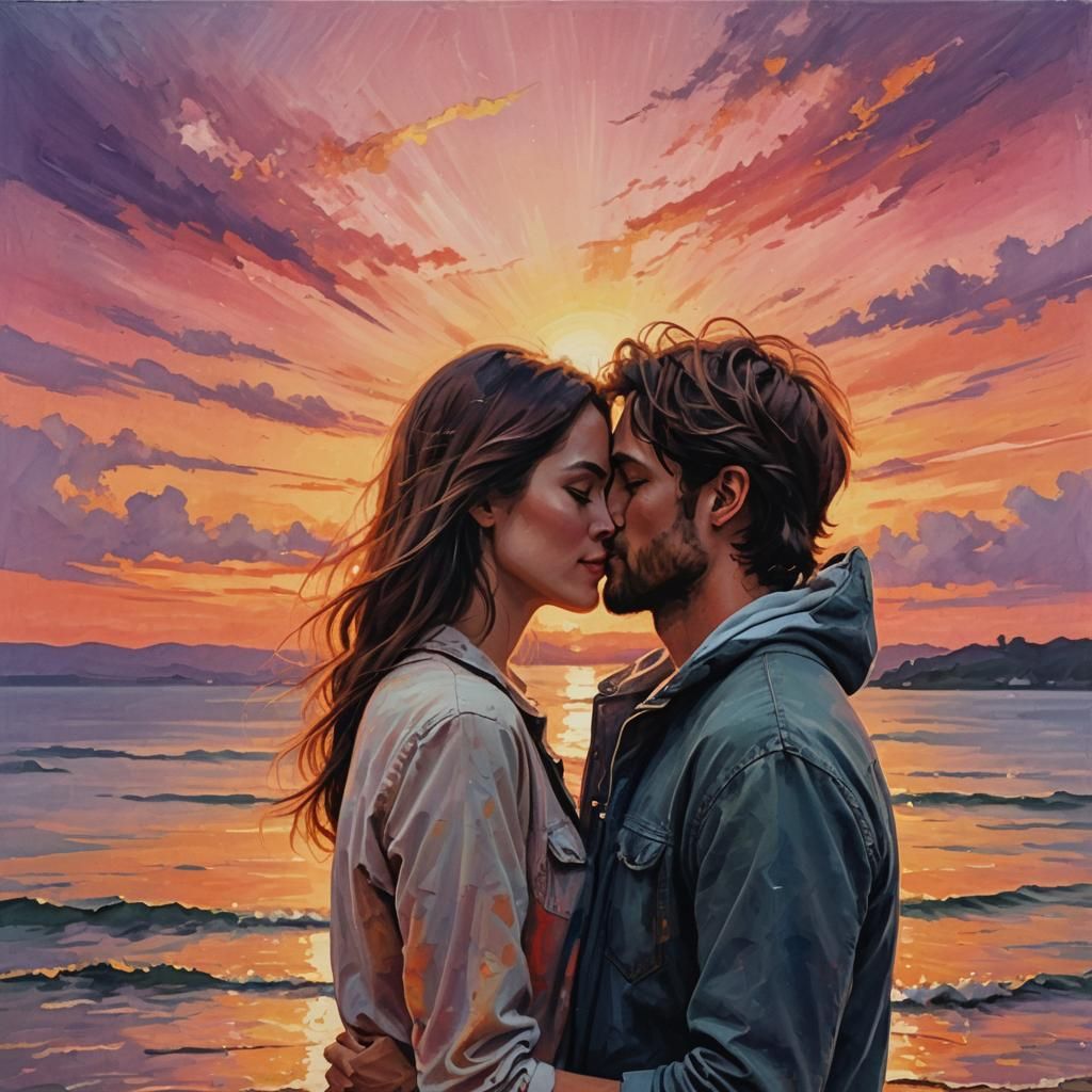 Romantic Couple's Sunset Encounter in Vibrant Colors